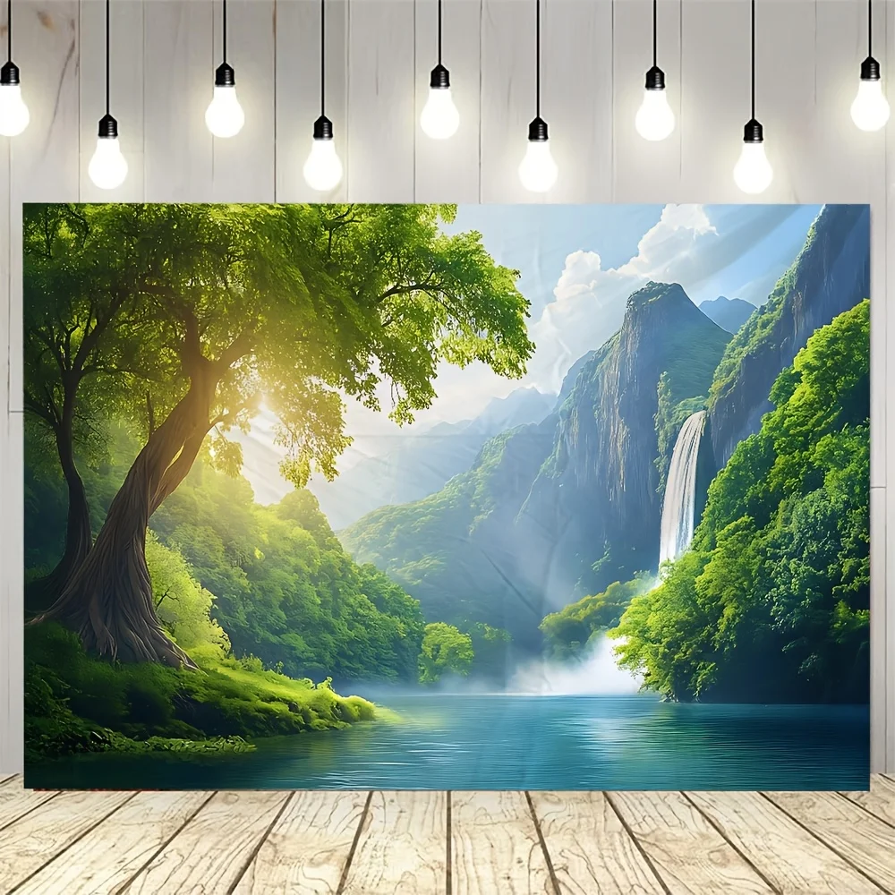 Majestic Mountain Valley with Waterfall and Sunlight Tree Wall Tapestry 2D Flat Print Nature Art Landscape Decor Boho Style