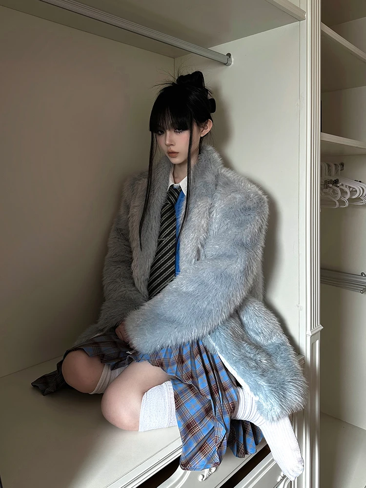 

Warmth Fene Blue Faux Fur Coat Women's Stand Length Long Sve Commute Sle Eco-friendly Inner Cotton Quilted Outerwear