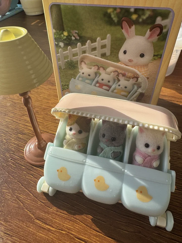 

In Stock Sylvanian Families Floral Cat Stroller Triplets Baby Panda Elephant Rabbit Mini Fairy Tale Party Children'S Toys Kid