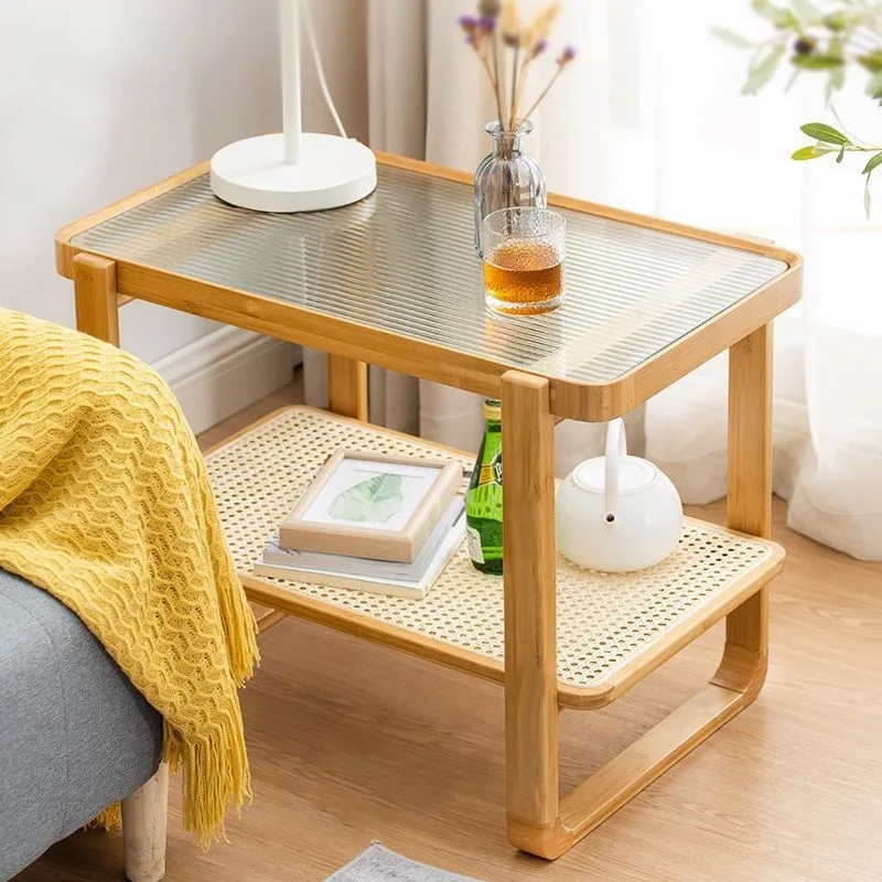 

Japanese-style solid wood sofa side living room glass small coffee creative corner small square table rattan