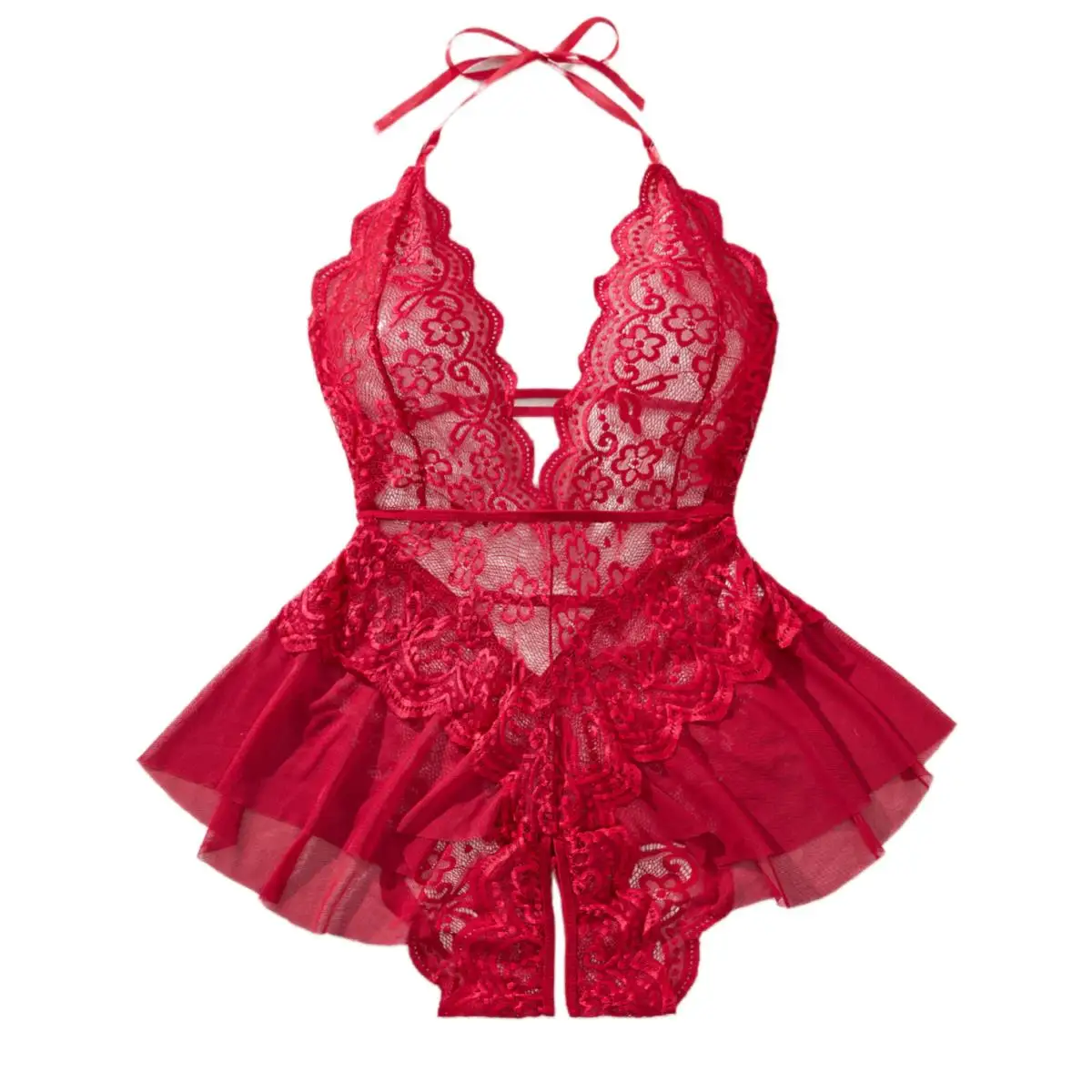 Plus Size 4XL Red Transparent Lingerie For Women Erotic Underwear Sex Pajamas Crotchless Ultra-sexy Porno Lace Fetish Bodysuit