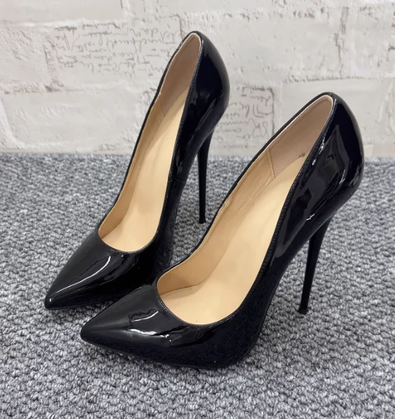 New Sexy Super High Heels 16cm Patent Leather Nude Pointed Single Shoes Hentian Tall Shoes