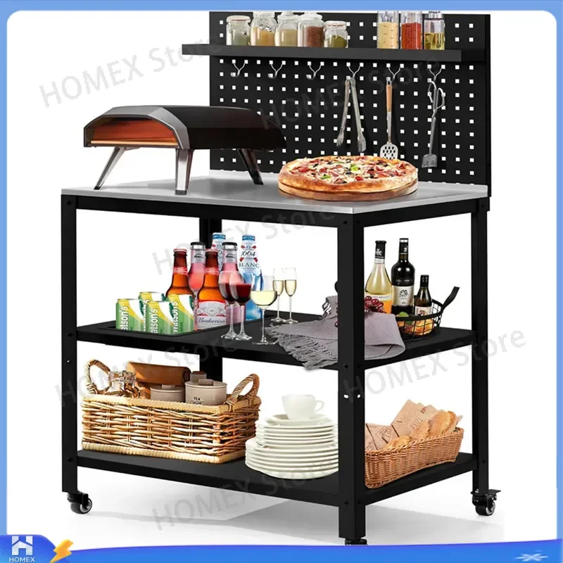 Stainless Steel Pizza Oven Stand with Wheels 3 Tier BBQ Grill Cart Mobile Kitchen Trolley Table Hanging Plate Outdoor Cooking