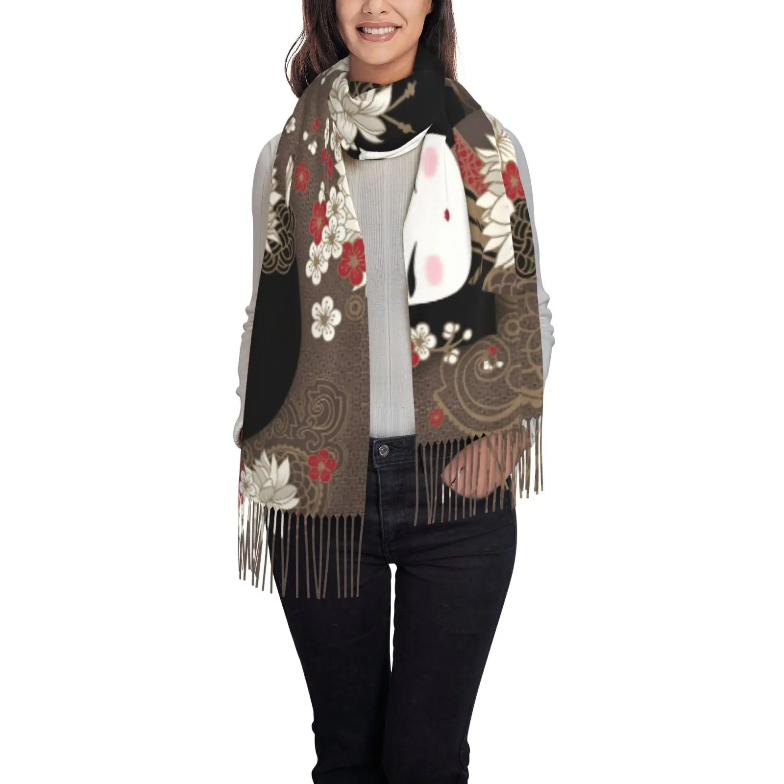 Japanese Kokeshi Doll Floral Print Fringe Shawl Scarf Women Vintage Ethnic Lightweight Wrap Cape