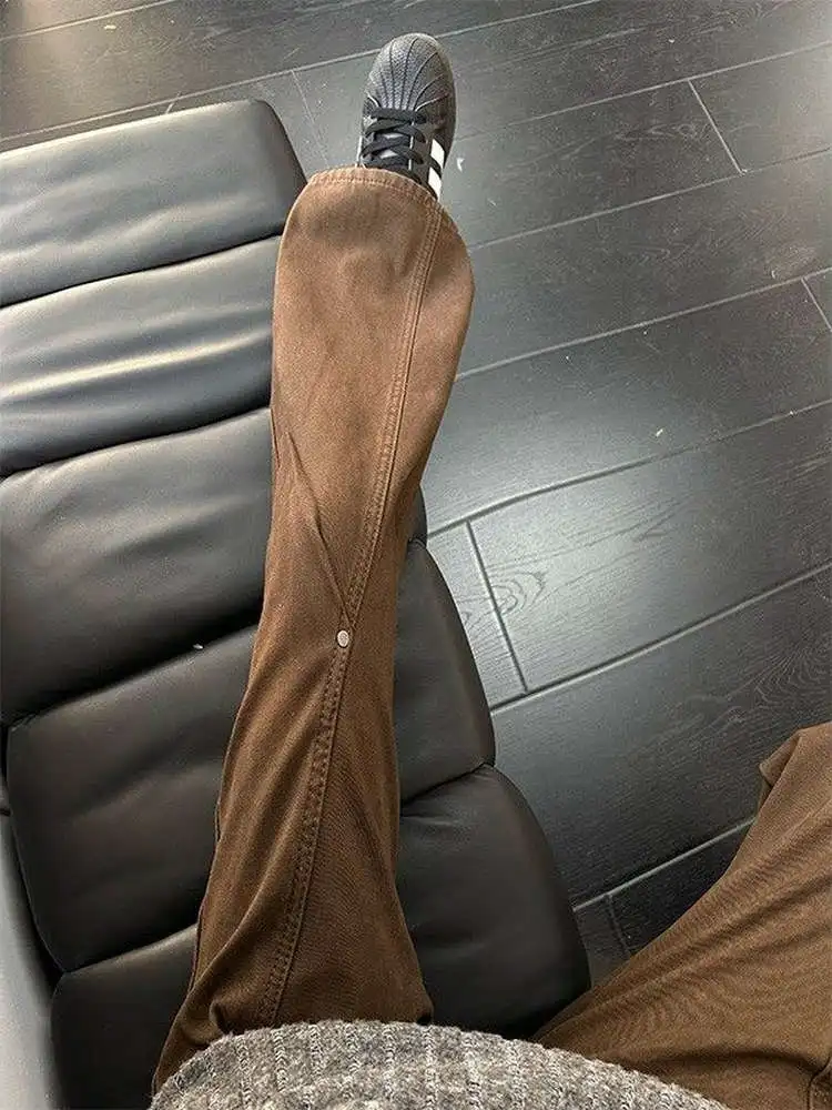 

Men's Brown Denim Jeans Rivet Slant Cut Fce Lined Autumn Winter Cargo Pants Casual Straight Leg Workwear Trousers