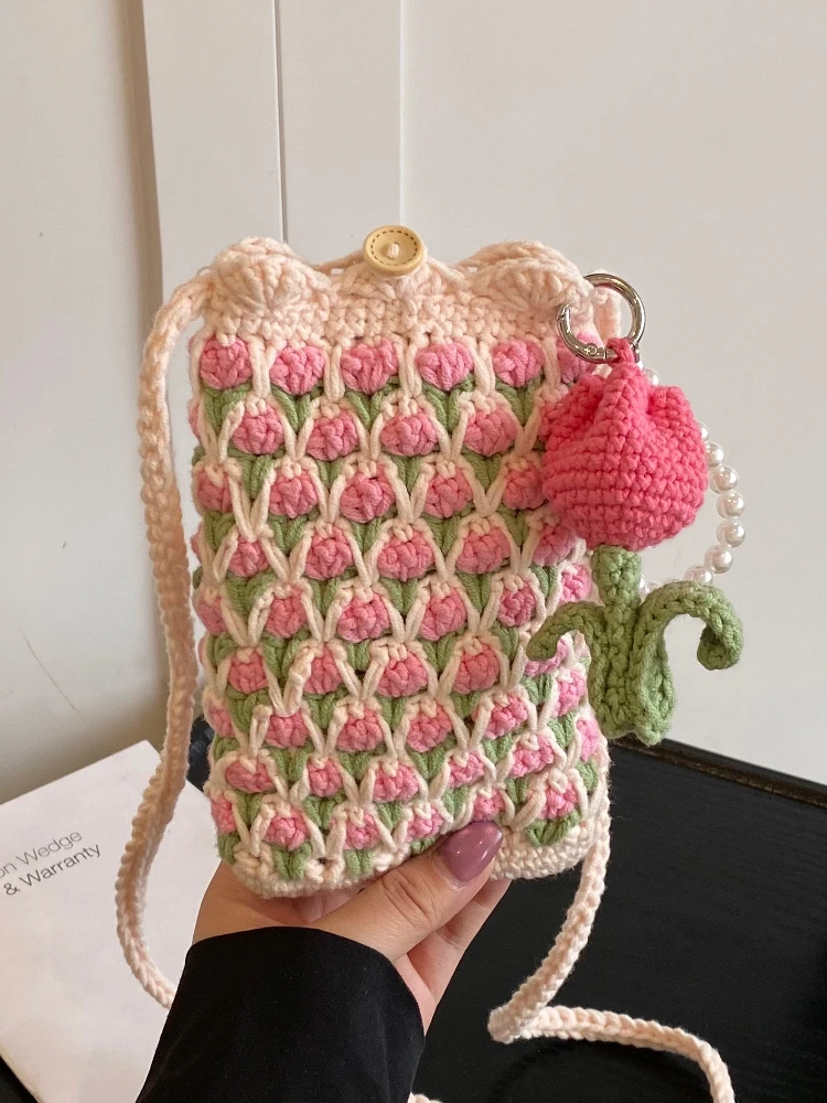 2026 New Handcrafted Tulip Knitted Crossbody Small Phone Bag Soft Cotton  Lock Clutch for Daily Use Universal Female