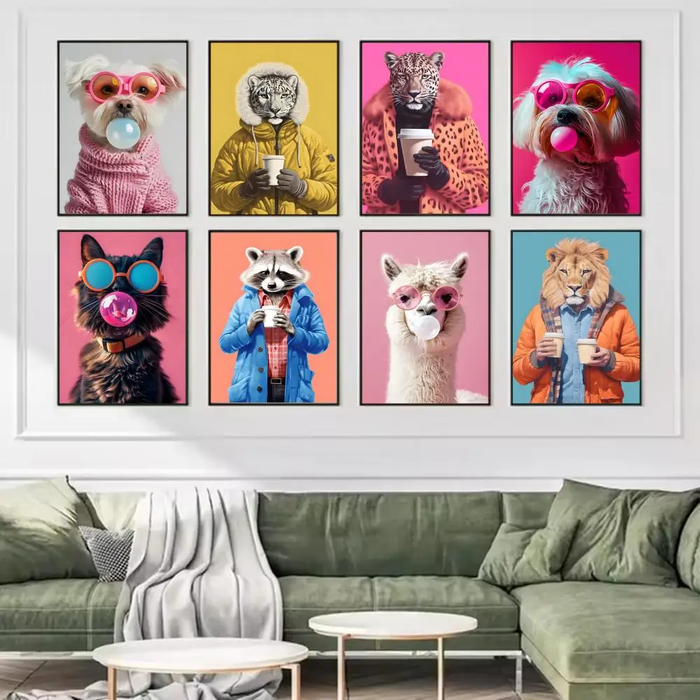 Cute Animal Bubble Painting Calligraphy Premium Cotton Canvas Art Poster for Living Room or Coffee House Elegant Wall Decor