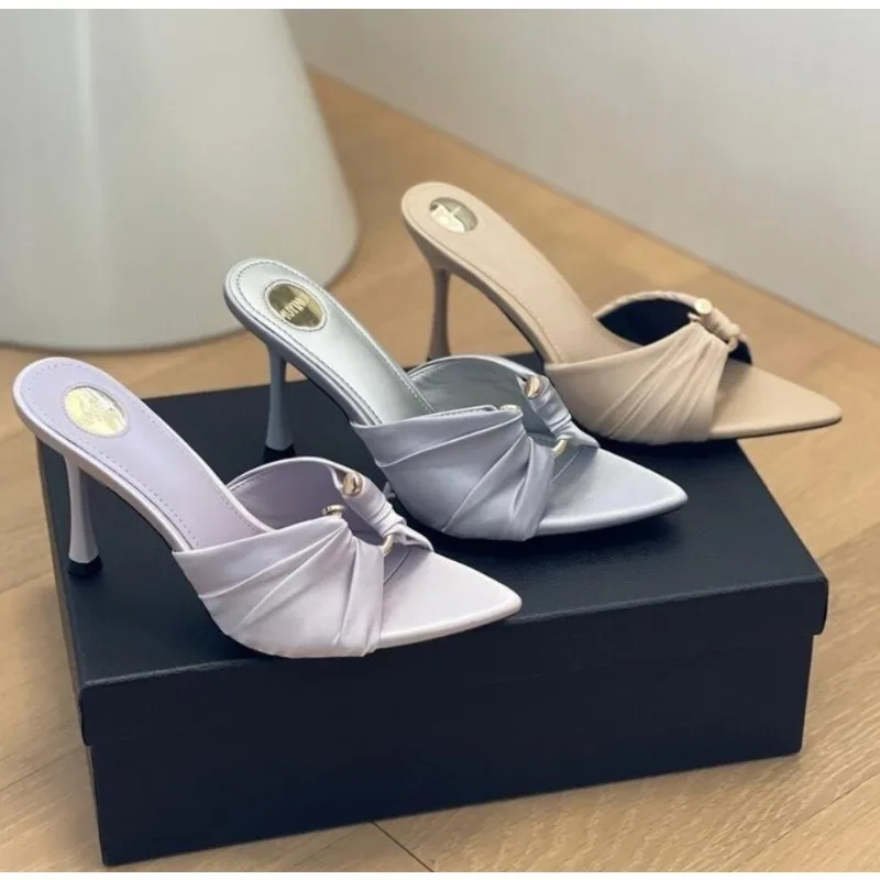 

Summer Woman Folded Metal Buckle Slippers Fashion Open Toe Thin High Heels Shoes Street Stripper Party Slides Zapatos De Mujer