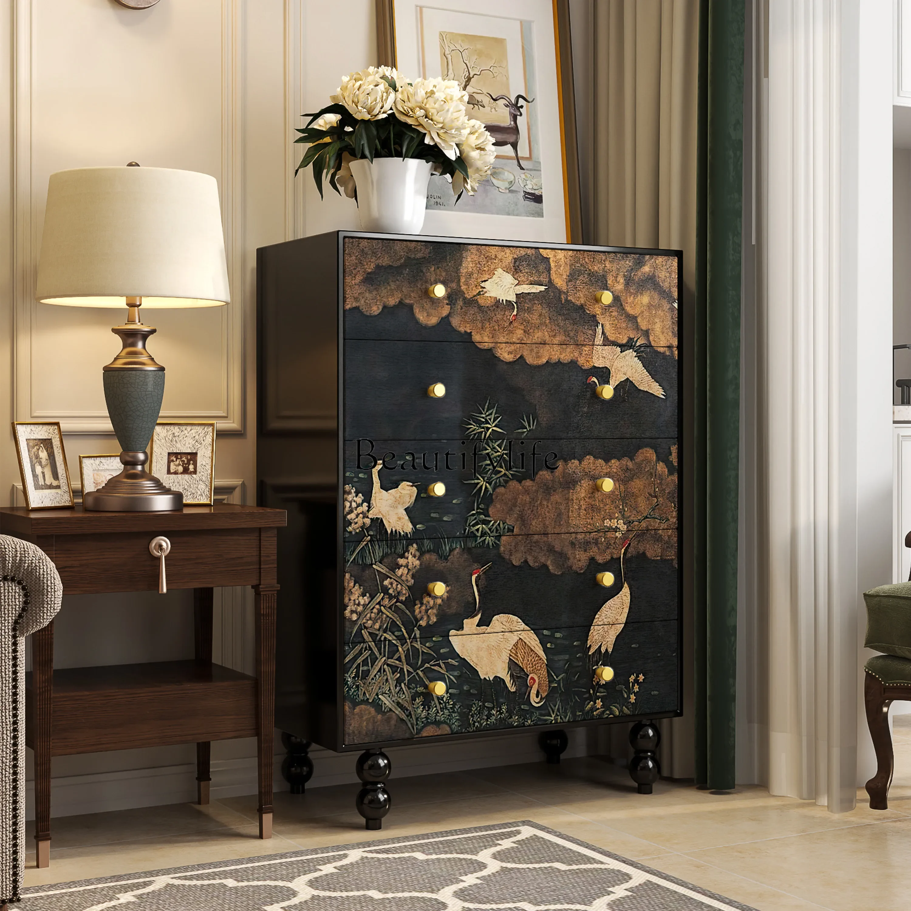 

ls 18French medieval solid wood chest of drawers hotel homestay entrance decorative cabinet