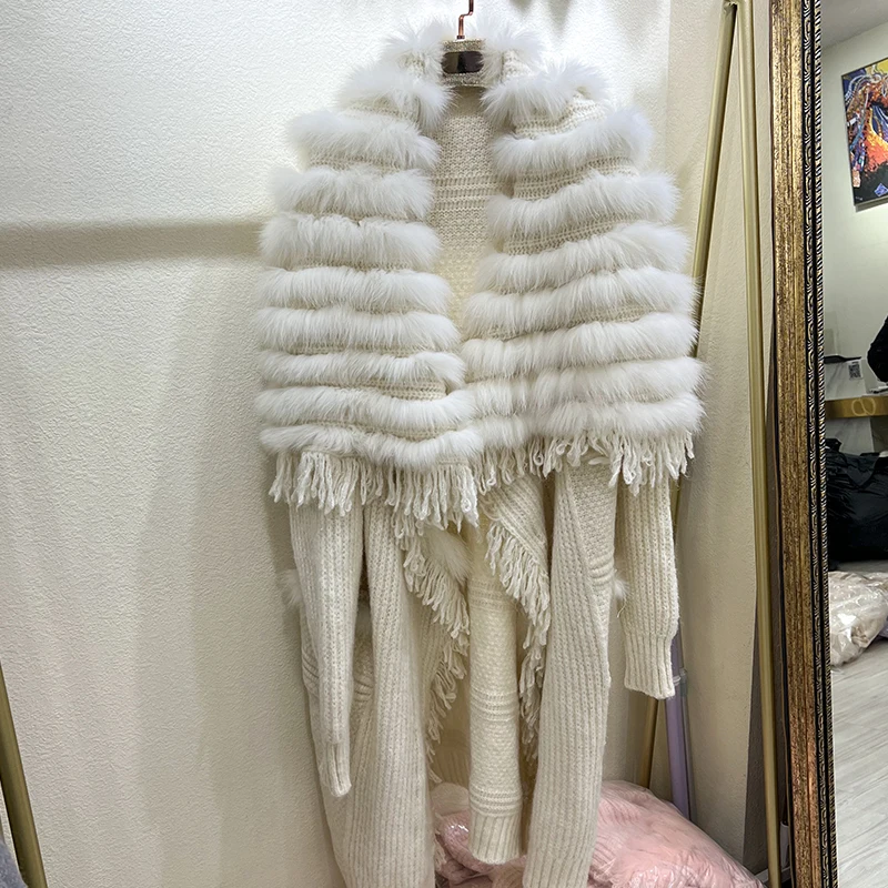 2024 New Real fur,Women Real Fox Fur Knitting Oversized Cardigan With Tassel Loose Autumn Winter Natural Fur Strip Loose-fit Lon