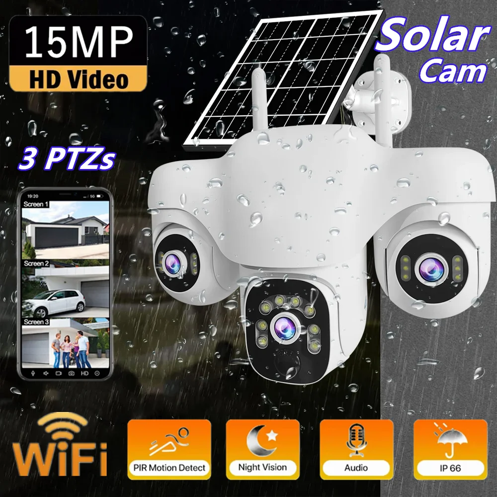

V380 Wifi Solar Camera Triple Lens 360°PTZ CCTV 15MP Wireless Surveillance Security Protection Cam Human Detection Waterproof