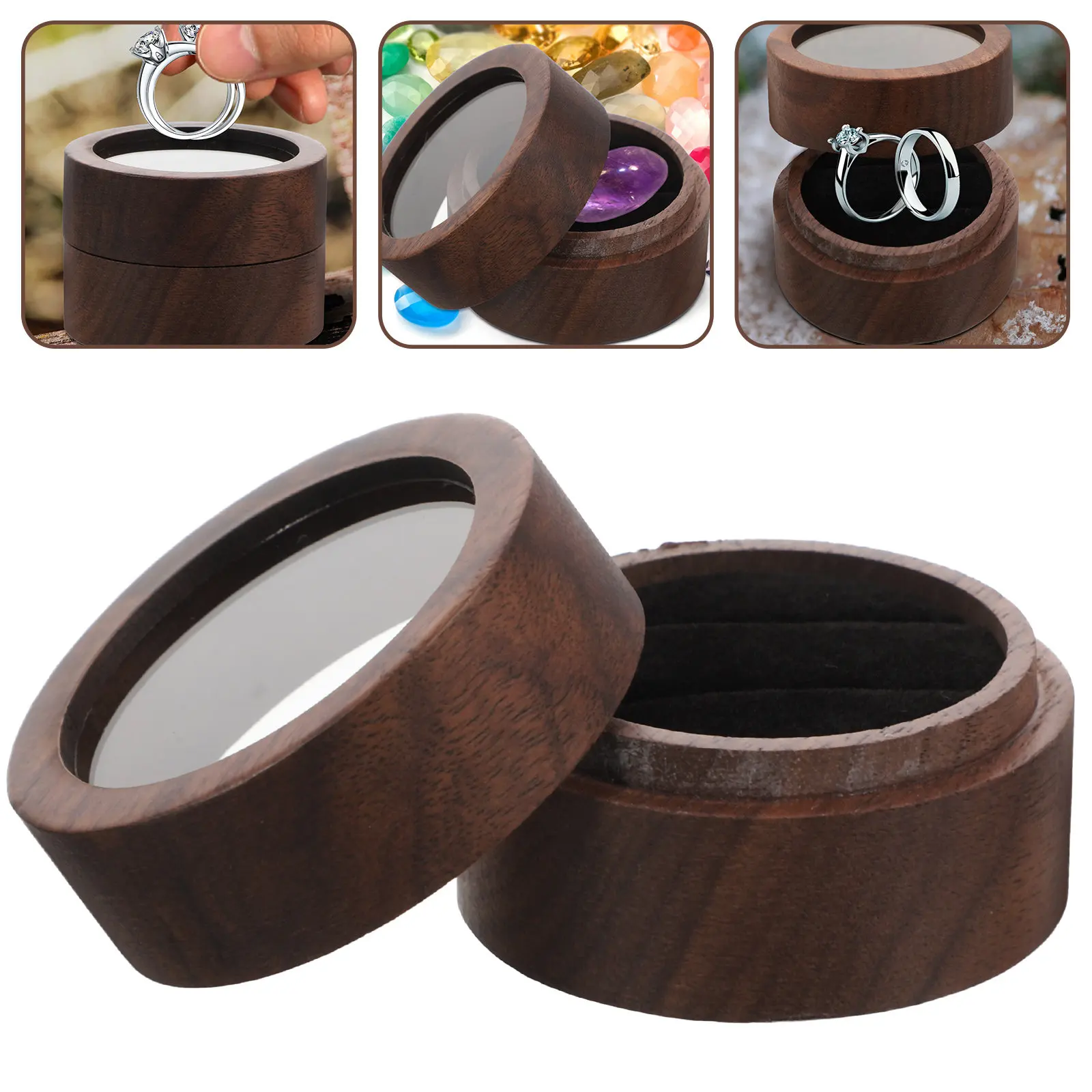 

Круглая деревянная шкатулка для колец, маленькая коробочка для хранения обручальных колец, футляр для ювелирных украшений для предложения руки и сердца, компактная, экономящая место подарочная упаковка