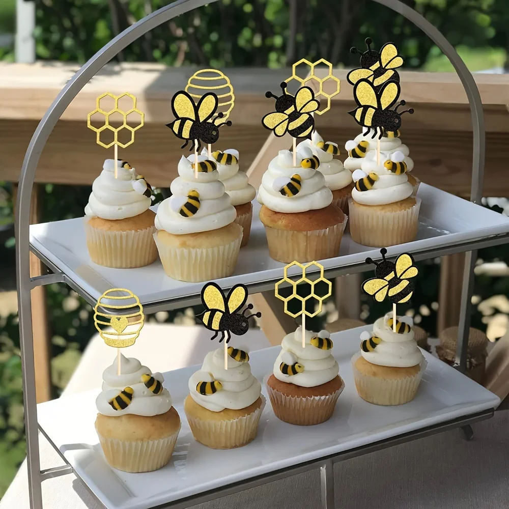 24 Stück Hummel-Cupcake-Topper - Glitzer-Herz & Waben-Designs aus Langlebigem Bambus für Bienenthemen-Geburtstagsfeiern