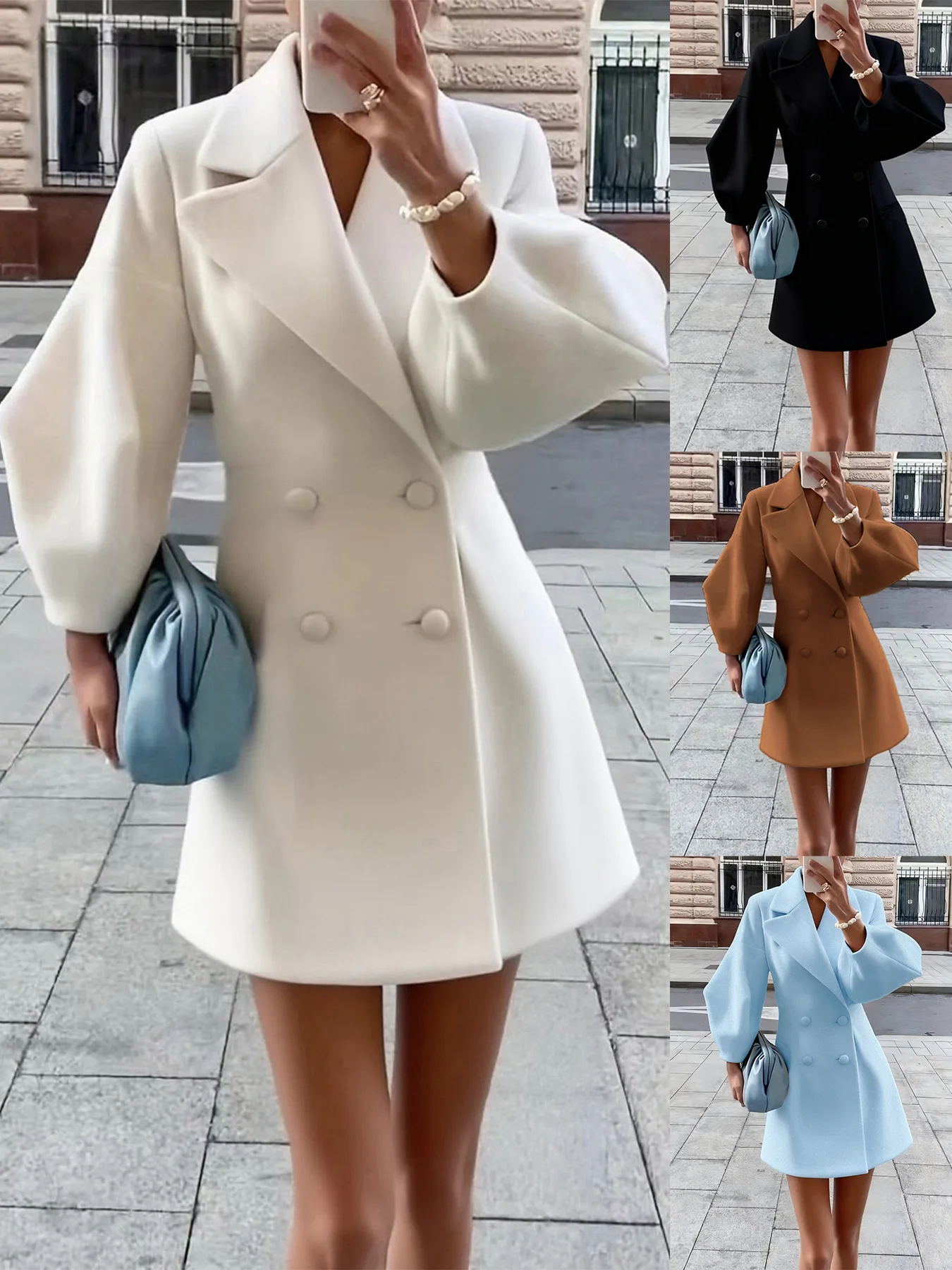 

2026 Retro European Style Lantern Sleeve Notch Collar Woolen Coat Short Length Vintage Court Fashion Women's Outerwear