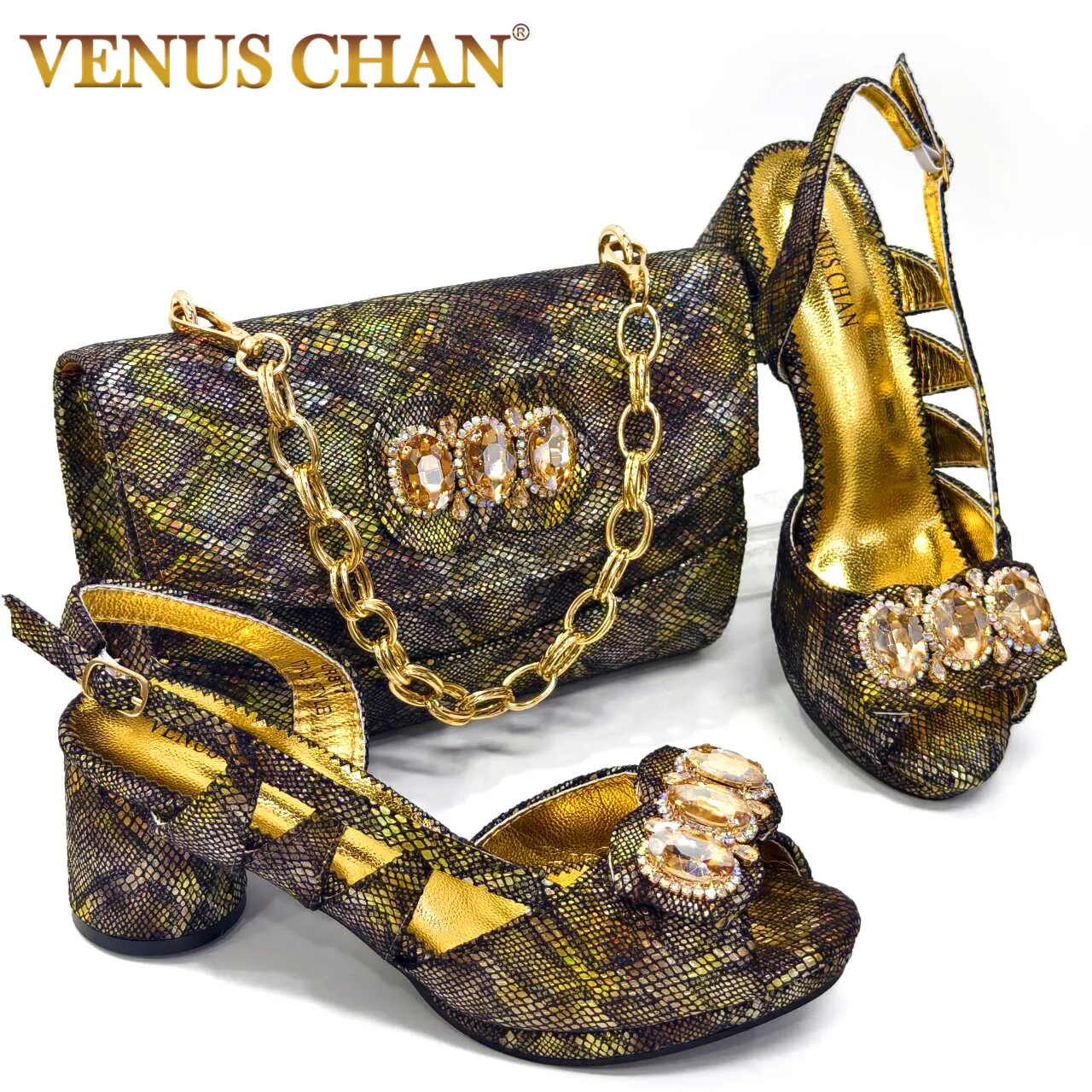 

Venus Chan Elegant Heels for Womens Peep Toe Special Material Design Rhinestone Sandals Italian Shoes and Bags Matching Set 2024