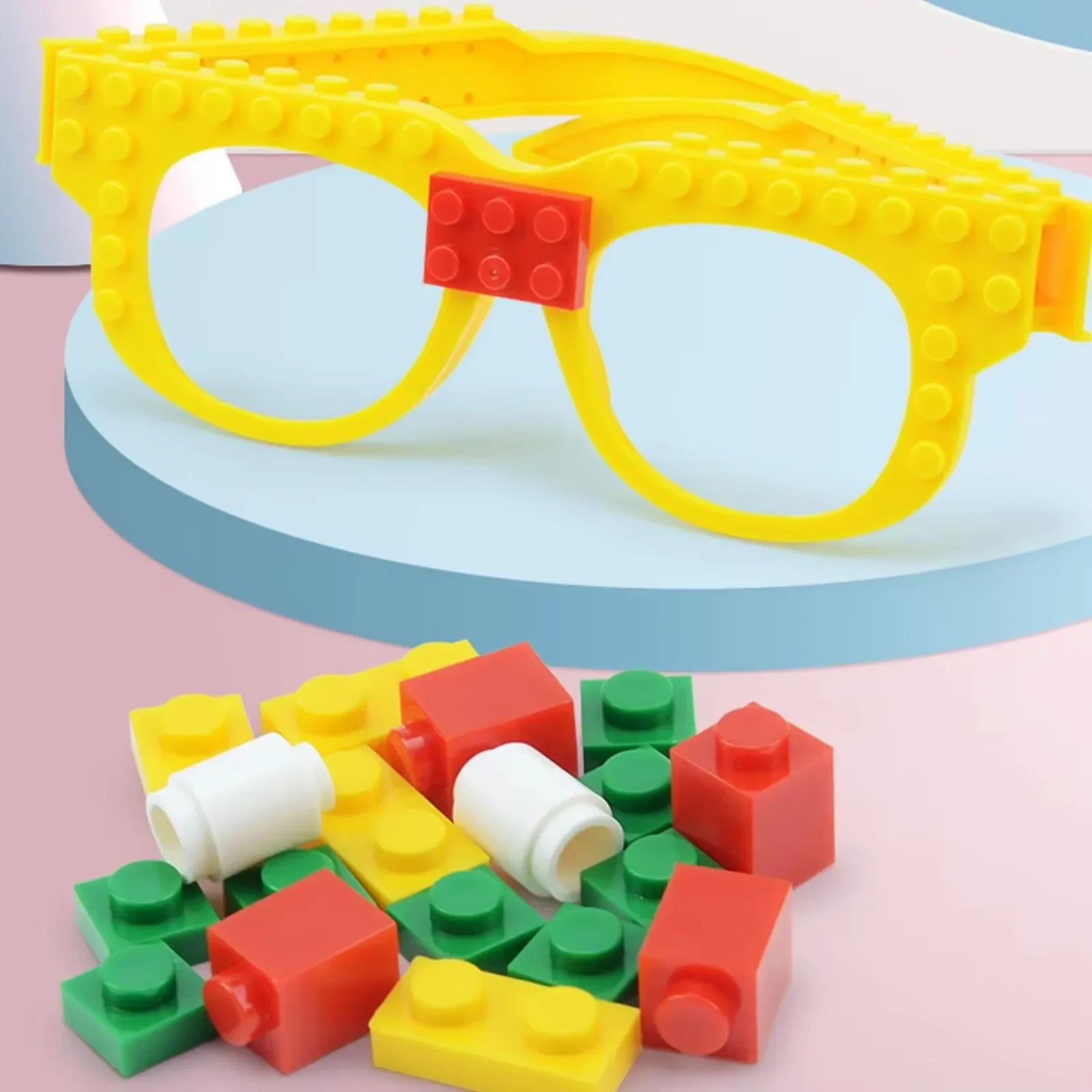 مكعبات بناء نظارات إطار اللوح الأساسي نظارات مقلدة يمكن ارتداؤها DIY لعبة إبداعية ألغاز ملونة جزيئات صغيرة هدية للأطفال