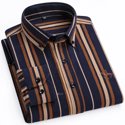 Mens 100% Cotton Oxford Long Sleeve Shirts 2024 Classic Striped Embroidery Casual Shirt Standard Fit Button Down Workwear Shirts