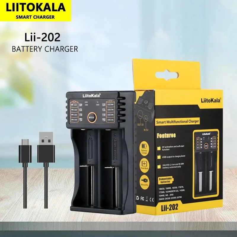 Liitokala Lii-202 18650 1,2 V 3,7 V 3,2 V AA/AAA 26650 10440 16340 21700 20700 14500 18490 Inteligentna ładowarka litowa NiMH