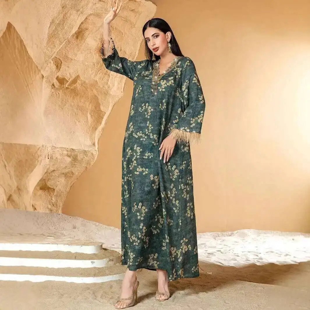 

Printed Ba5074 V-neck Long Dress with Feather Cuffs and Dresses Collar, Lazy Vacation Style Robe Dubai Luxury Islam Elegant