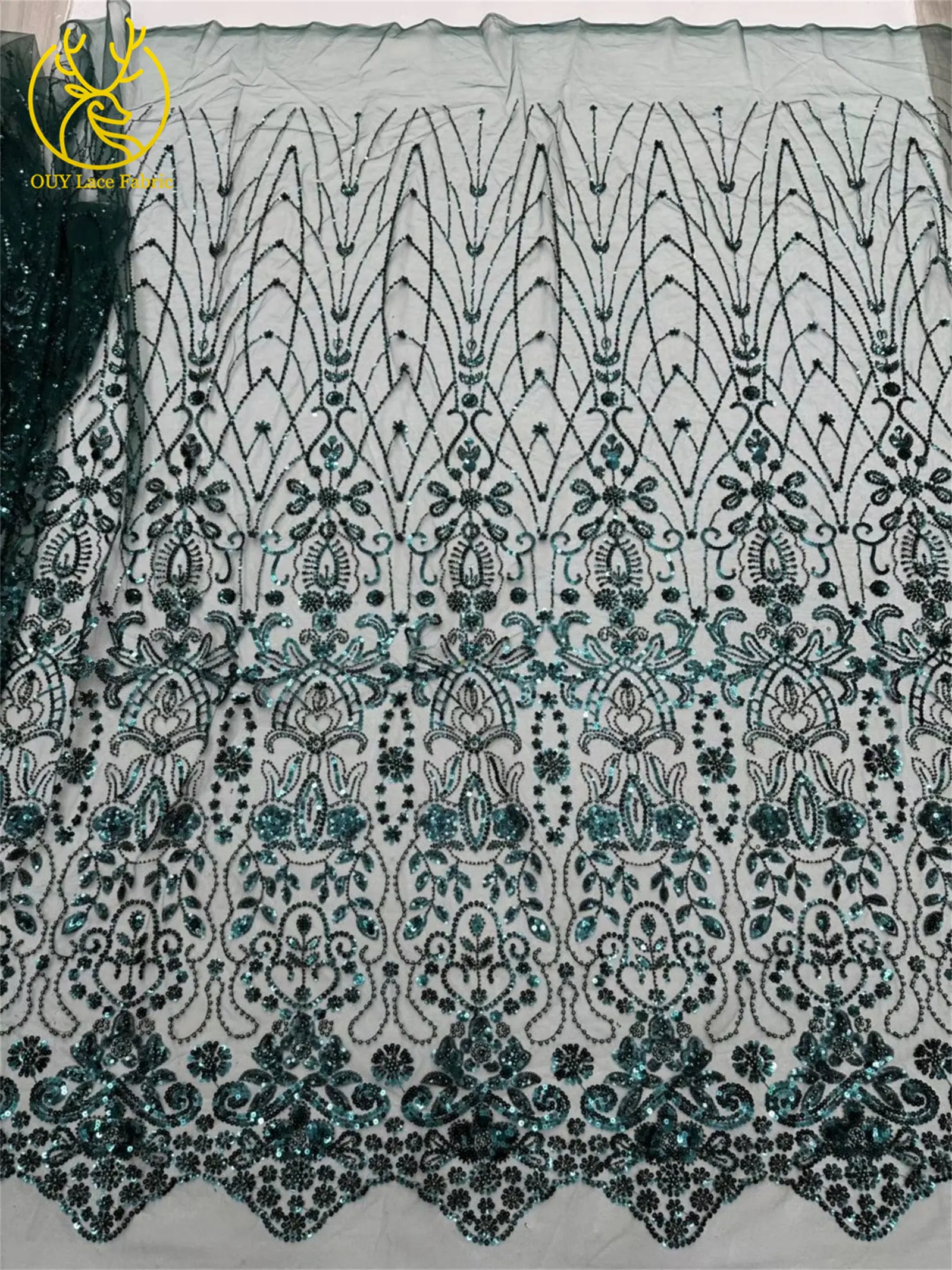 5 Yards meistverkaufter afrikanischer Pailletten-Spitzenstoff, hochwertige Mode, nigerianischer Perlen-Tüll-Spitzenstoff, Nähen von Partykleidern – Detail 7