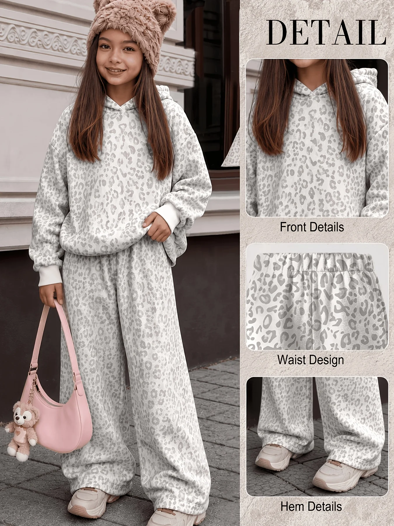 Girls' Autumn and Winter Outfit: Leopard Print Hooded Long-Sleeve Top Paired with High-Waisted Wide-Leg Pants in Light Leopard Print, Loose Casual Fit Suitable for Children Aged 7-12