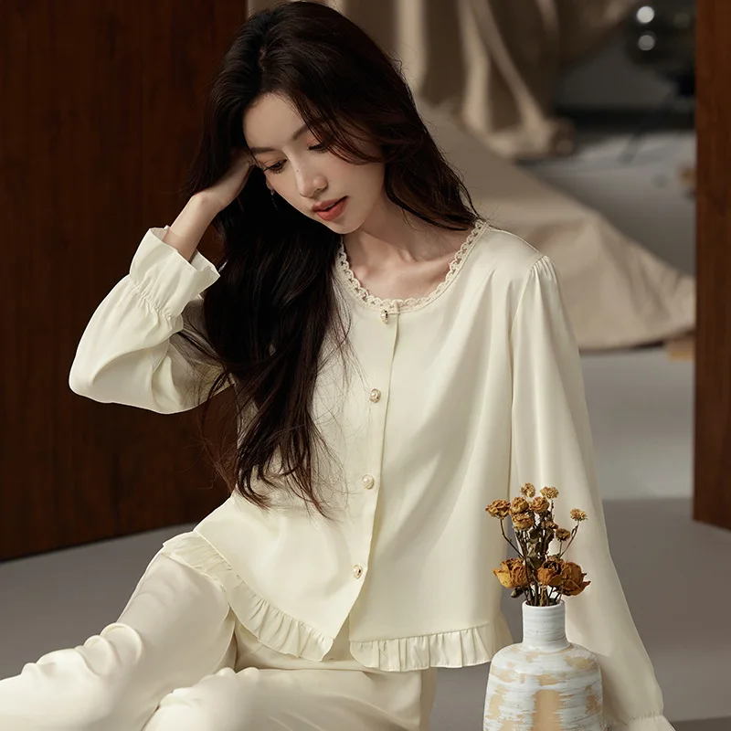 Ladies pajamas, spring, summer and autumn long-sleeved trousers household clothes and ruffled ice silk suits can be worn outside 4