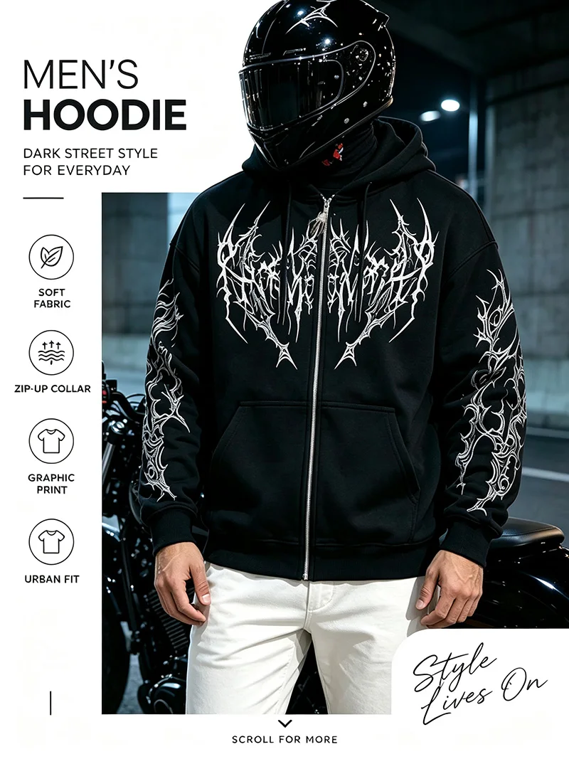 Herren Alt Gothic Zip-Up Hoodie Y2k High Street American Style Dunkler Dornen-Print Fleece-gefütterter Loser Biker Herbst-Winter-Sweatshirt – Detail 1
