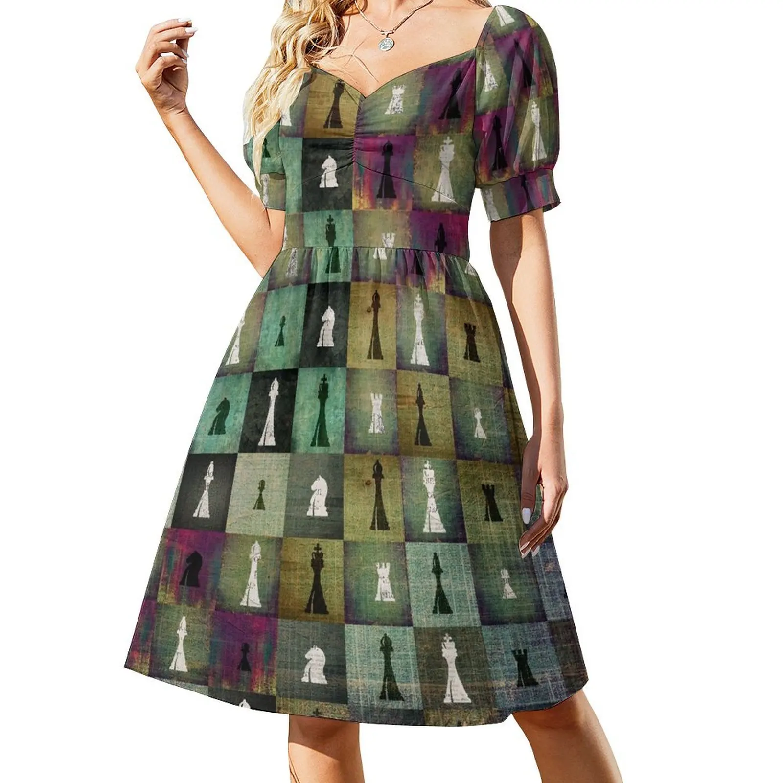 Paint and Print Chessboard and Chess Pieces pattern Short Sleeved Dress dress Summer skirt party dresses women Dress