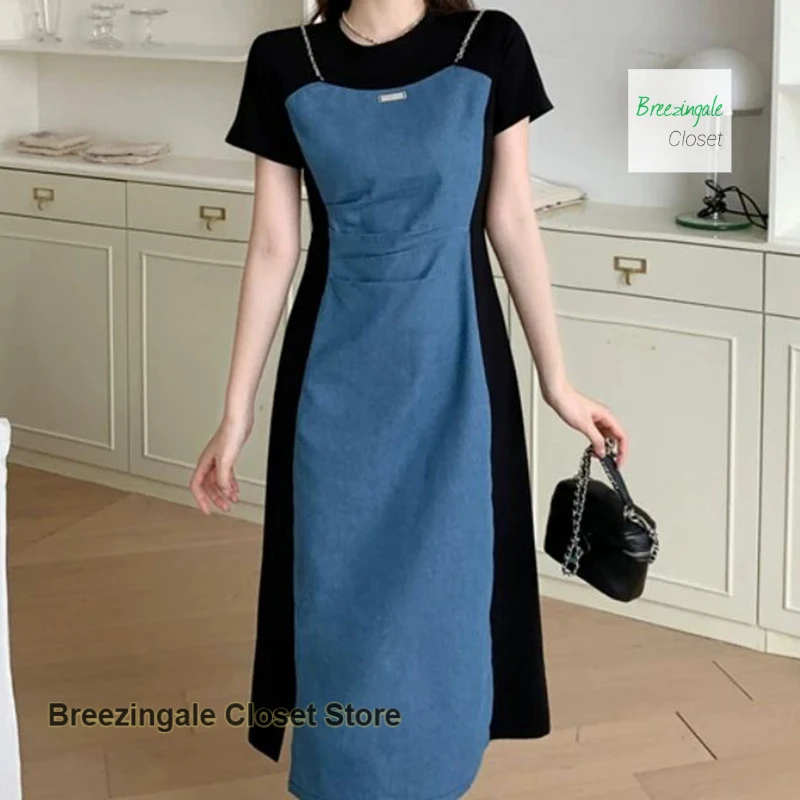 

Korean style temperament plus size retro denim stitching fake two-piece waist dress women's summer new skirt cover belly skirt.