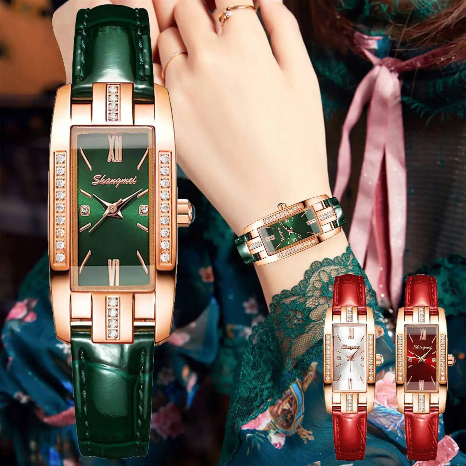 Fashion Rectangle Women Watches Luxury Rhinestone Leather Strap Quartz Wristwatch Reloj Mujer