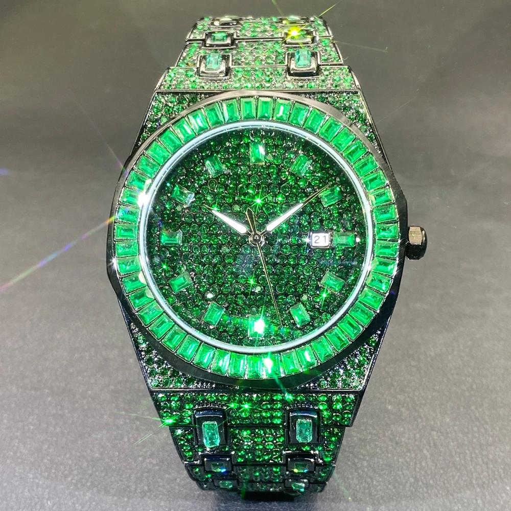 Men Quartz Watches Missfox Brand Baguette Diamond Luxury Green Wristwatch For Male Waterproof Calendar Hand Clock Dropshipping