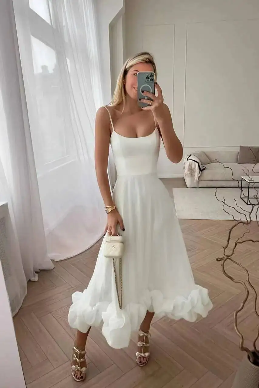 

Elegant Ruffle Solid Sling Long Dress Women Strap Waist Party Dresses Fashion Sleeveless Backless Beach Swing Skirt A-Line Tutu