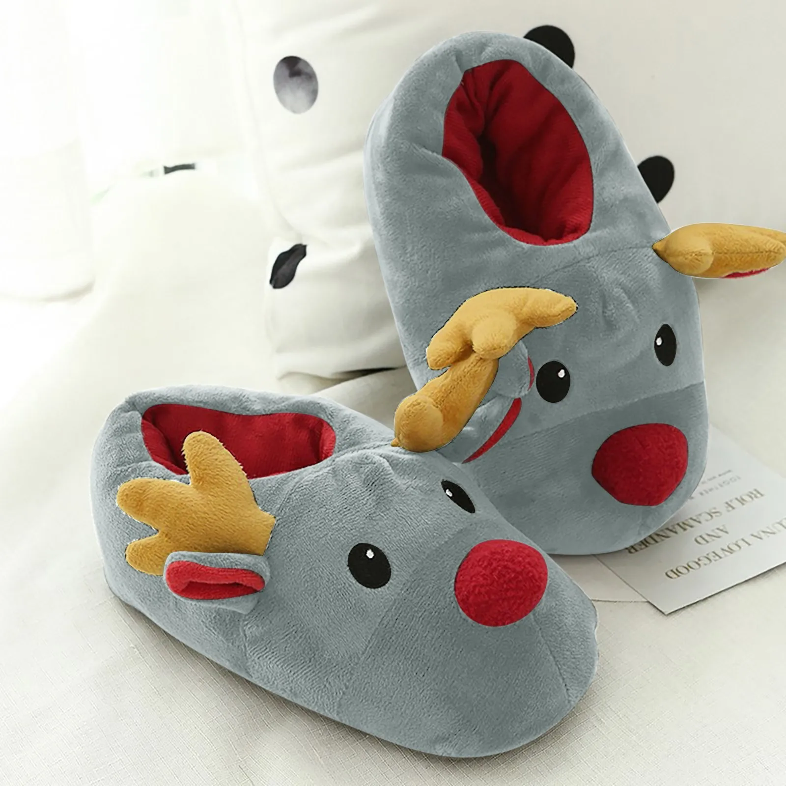 Womens Slippers Deer Christmas Shoes Cotton Plush Cute Slippers Winter Cotton Indoor House Flat Floor Soft Warm Plush Slippers