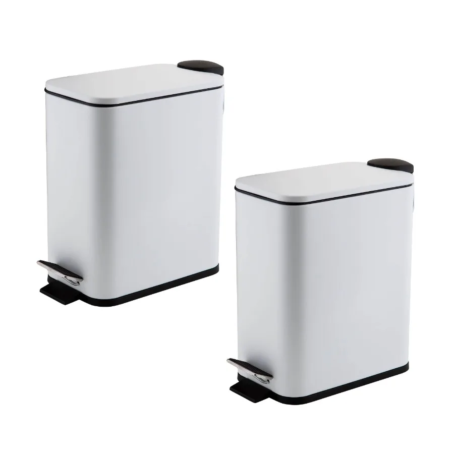 

2 Pack Slim Rectangular 5 Liter Pedal Iron Wastebasket with Soft Close Lid in White for Modern Kitchen and Bathroom Use Space-S