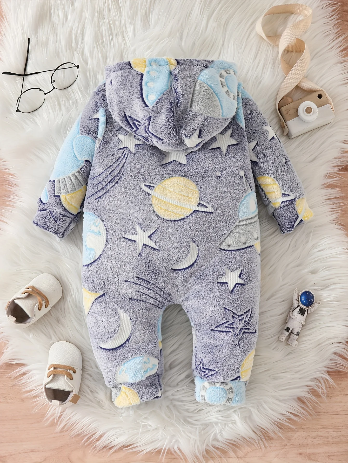 Autumn and winter crawling clothes for children newborn infants space rocket planet pattern plush hooded jumpsuit