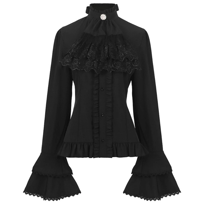 Women Victorian Flare Sleeve Shirts Ruffle Lace Stand Collar Blouse Top Vintage Gothic Pirate Medieval Shirt 066C