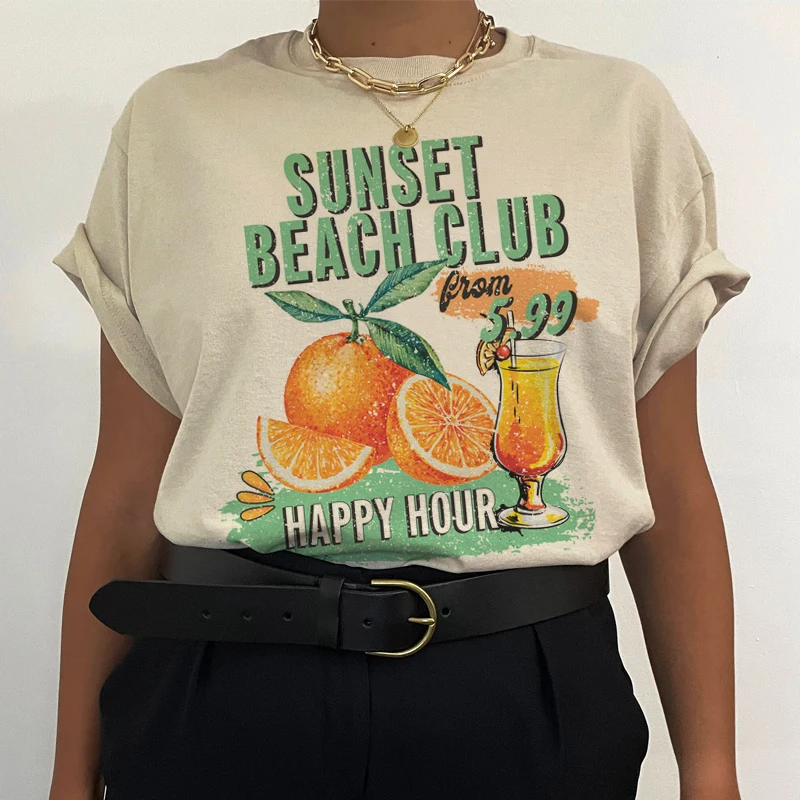 Sunset Beach Club Vintage T-Shirts Women Summer Fashion Loose Vacation T Shirts Grunge Aesthetic Tees Female Retro Tops Clothes