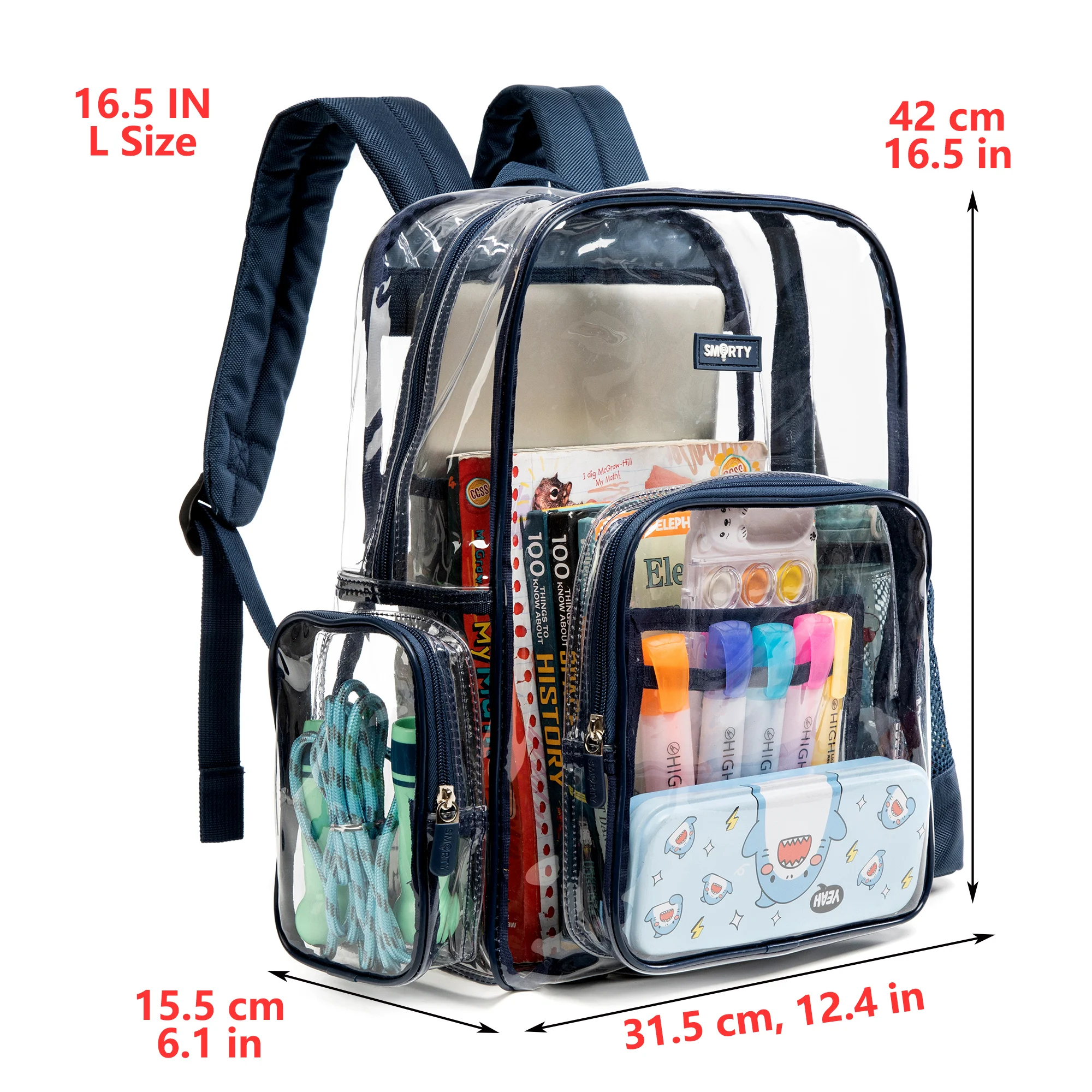 Large and XL Heavy Duty Transparent Bookbag with Laptop Pouch, High Quality, See Through PVC School Bag for Women and Men, Blu