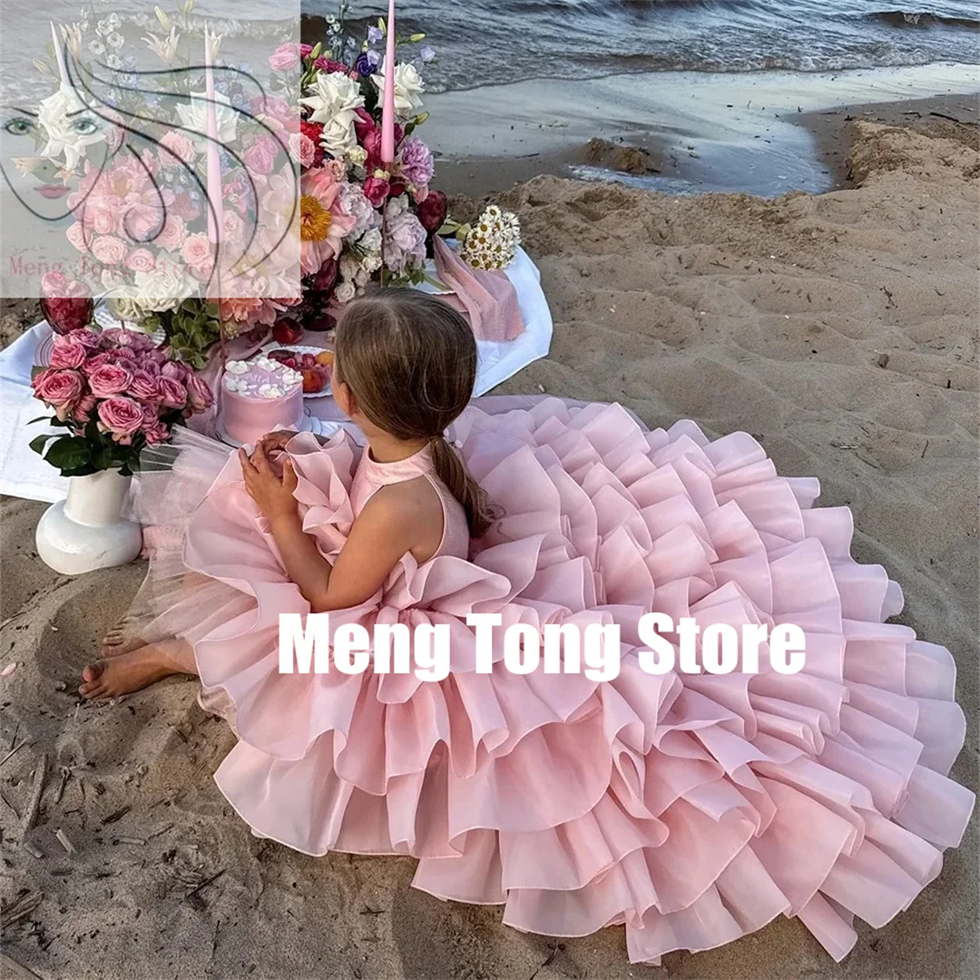 

Customized Flower Girl Dress Halter Tiered Pleated Floor Length Sleeveless Kids Lovely Birthday Party Bridesmaid Prom Gowns