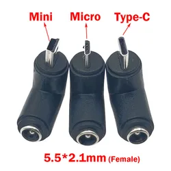 1pc DC 5V 5.5 X 2.1 mm Female Jack to Type-C Micro Mini USB Male Plug 90 Degrees DC Power Connector Adapter Plug