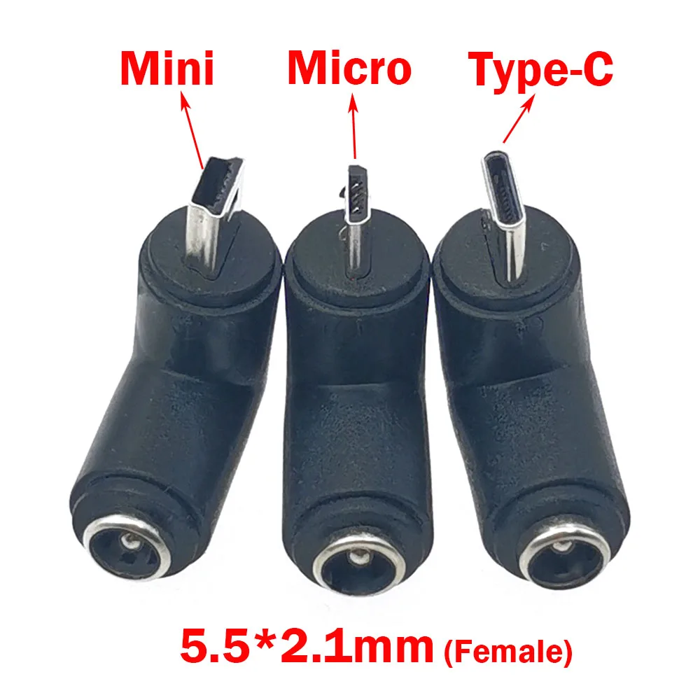 1pc DC 5V 5.5 x 2.1 mm Female Jack to Type-C Micro Mini USB Male Plug 90 Degrees DC Power Connector Adapter Plug