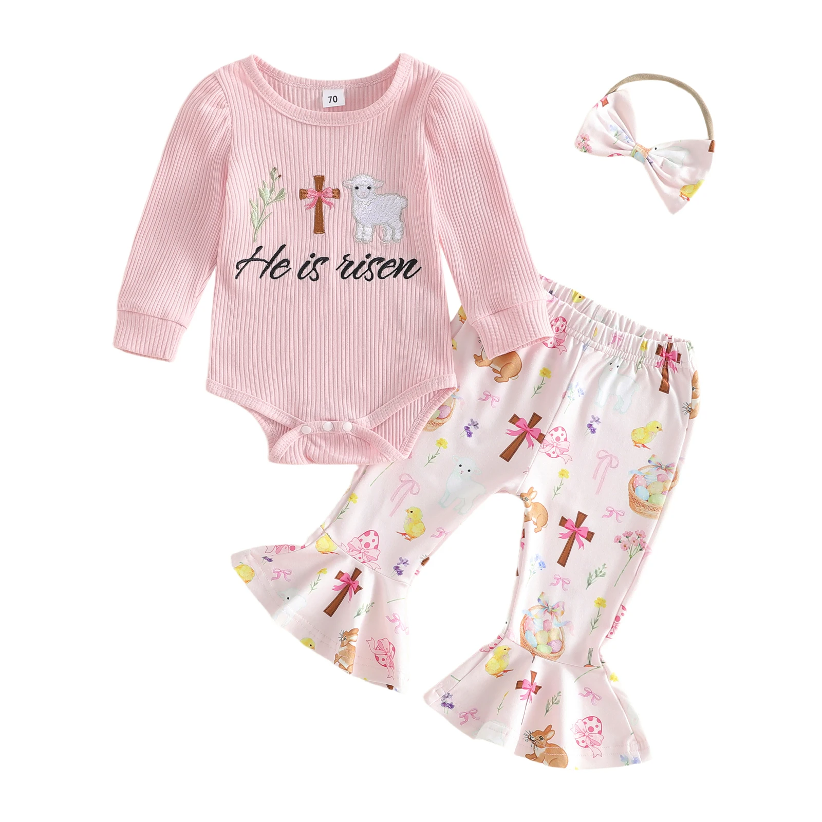 

Adorable Baby Easter Outfit Long Sleeve Lamb Cross Embroidery Romper with Flare Pants and Headband - 3 Piece Set for Girls