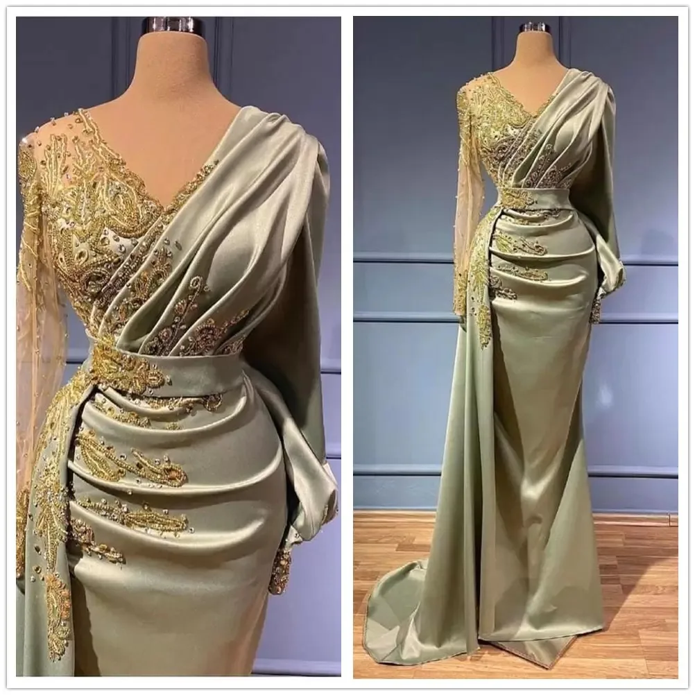 

Green Mermaid Prom Dress Long Sleeves V Neck Appliques Sequins Satin Floor Length Evening Gowns Plus Size Bridal Gowns