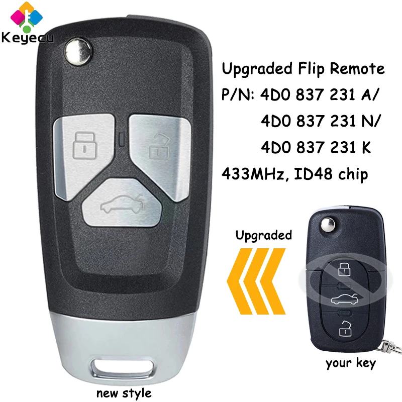 

KEYECU Upgraded Flip Remote Control Key With 3 Buttons 433MHz ID48 Chip for Audi A3 A4 A6 A8 TT RS4 Fob 4D0 837 231 A / N / K