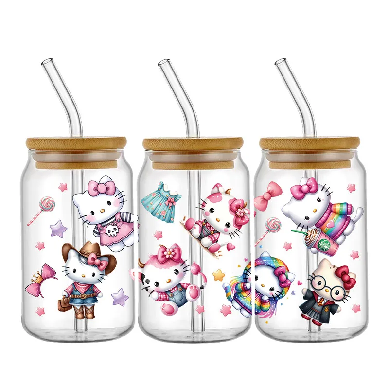 Sanrio Hello Kitty Stitch mit Freunden für Libbey 16oz Dose Glas 3D wasserdicht UV DTF Kaffee kann Libbey Glasfolie verpacken