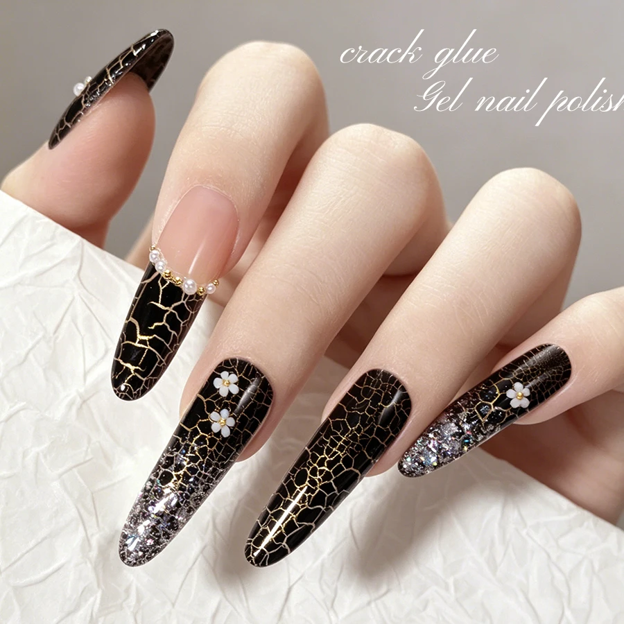 Crackle Gel Nail Polish Magic Black White Unique Variegated Cool Crackle Pattern Natural Air-drying Styling for Salon DIY Home view 5