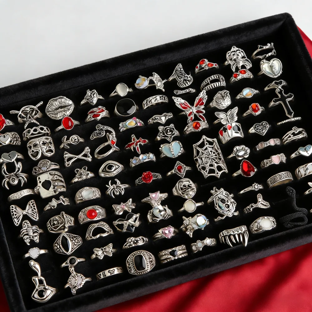 10/20/30 unids/lote moda Vintage Punk gótico encanto mariposa serpiente cráneo anillos de diamantes de imitación para Mujeres Hombres Rock fiesta joyería regalos