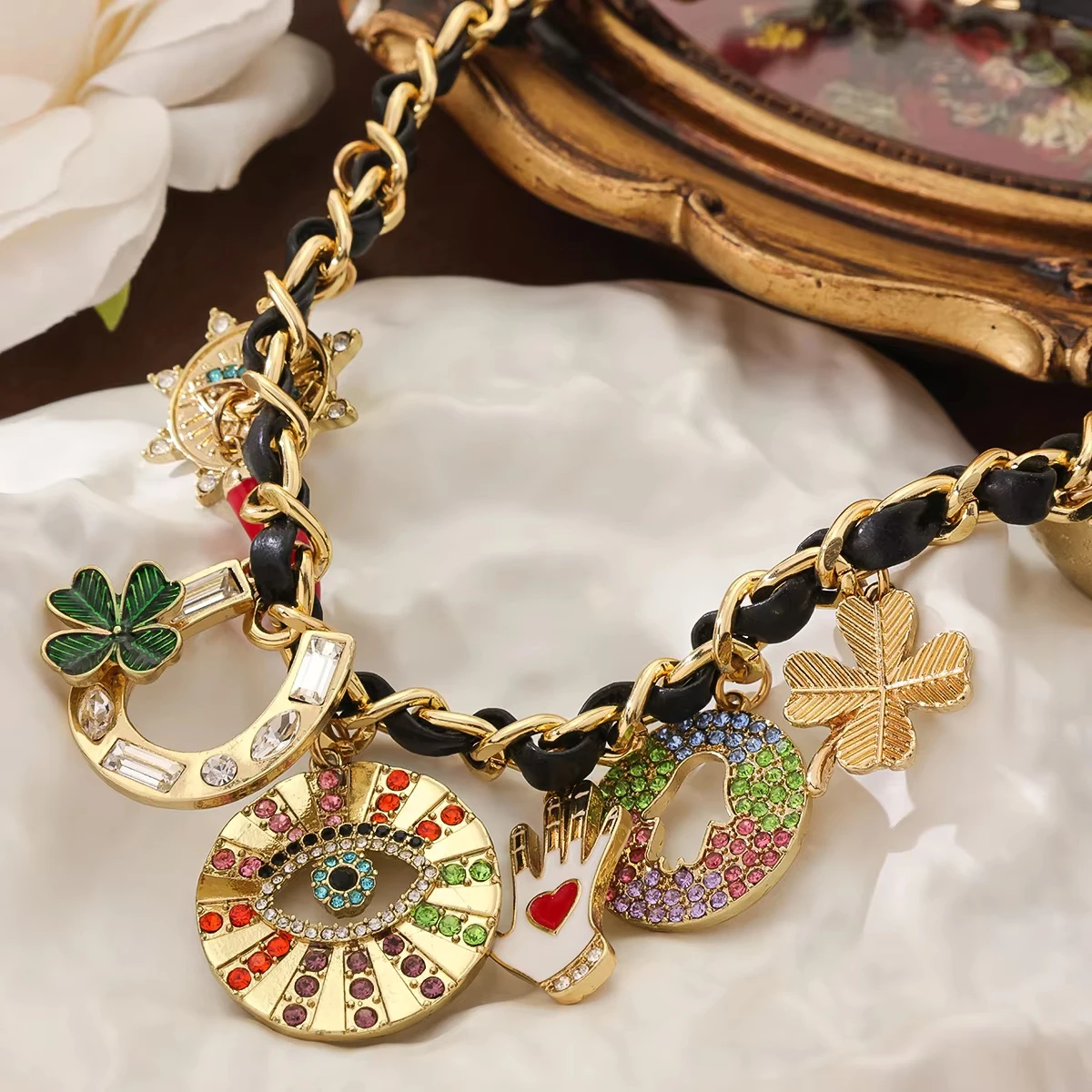 Hamsa Hand Evil Eye Statement Necklace Chain Woven Charm Necklaces Lucky Protection Jewelry Hanukkah Birthday Gift for Women