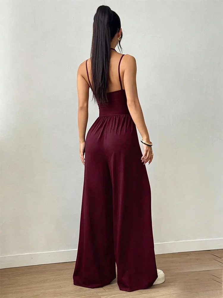 Women's Summer Burgundy Casual Jumpsuit Adjustable Halter Neck Tie Pleated Loose Straight-Leg Comfortable Fit One-Piece Outfit