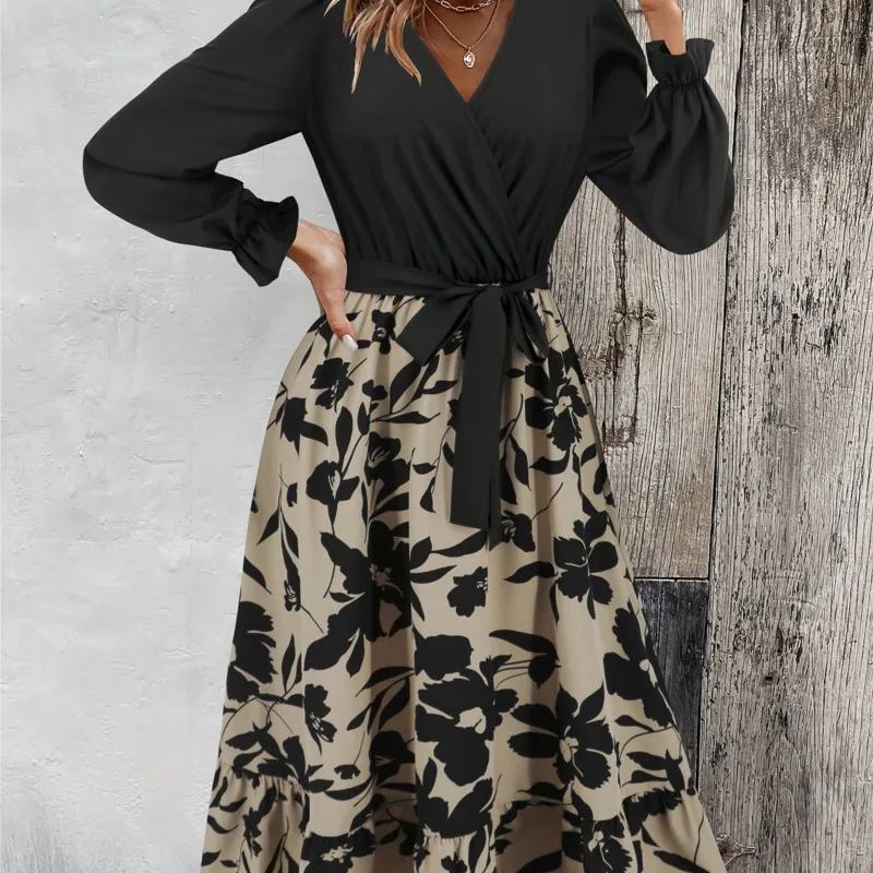 

Summer New V Neck Long Skirt Long Sleeves Printed Dress Mid Length Retro A Line Skirt 2025 New Women's Comfort Clothing